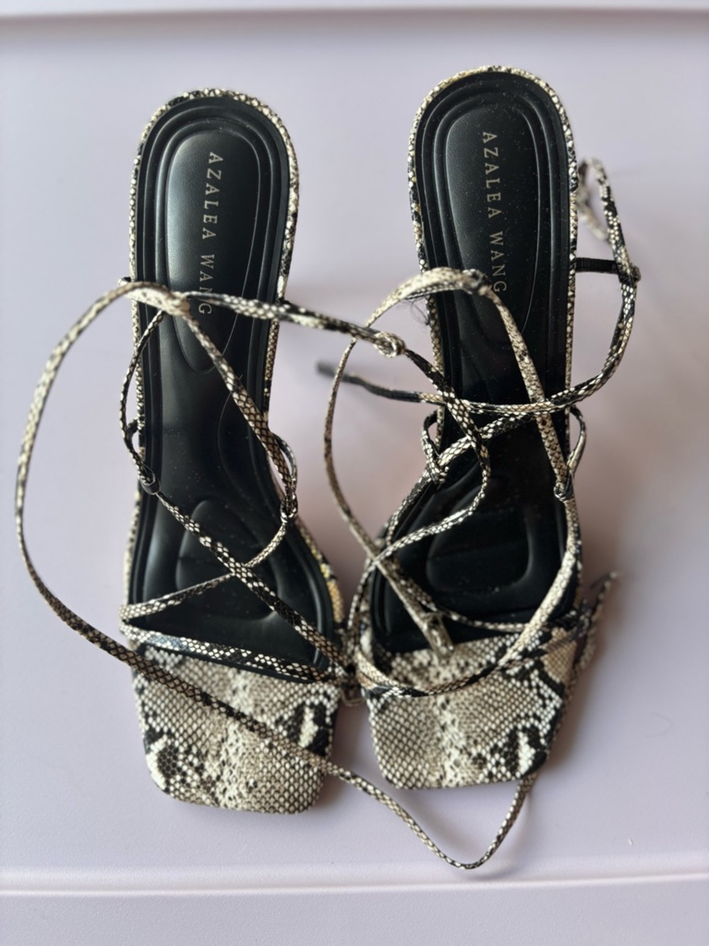 Azalea Wang Black & Silver Snake-Print Lace-Up Heels